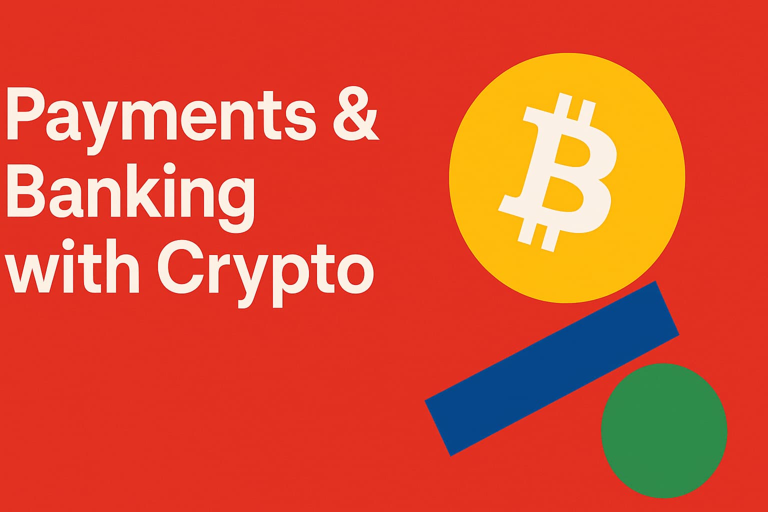 payments & banking with crypto text on red background next to bitcoin symbol