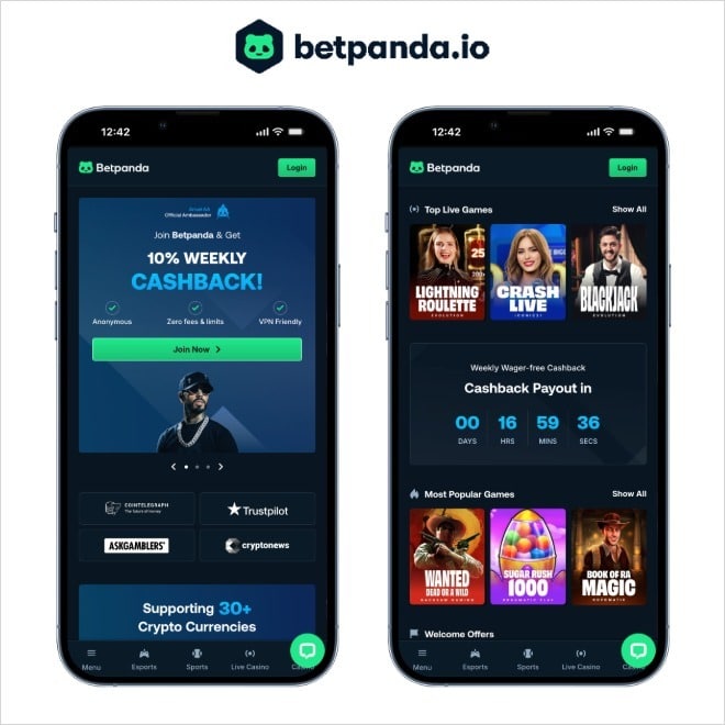 Screenshot of betpanda casino on two mobiles with the betpanda logo on top