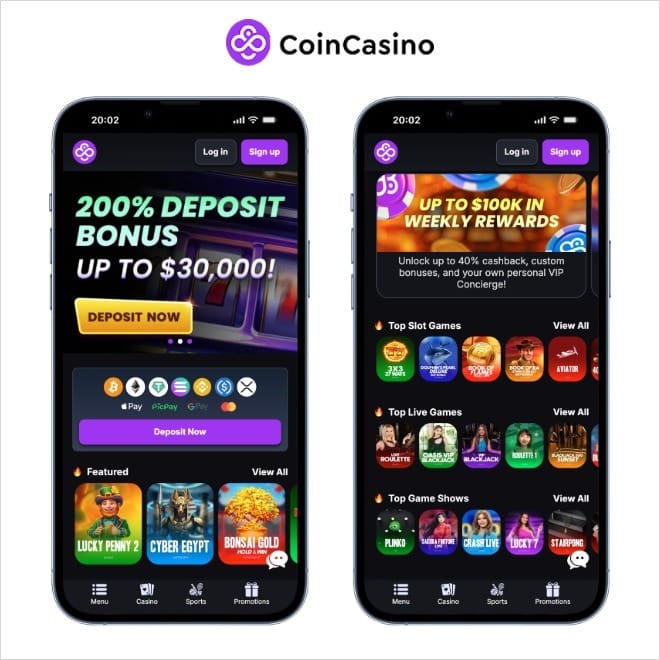 coincasino screenshots on two mobile phones with the coincasino logo at the top