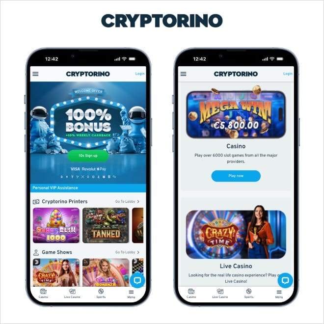cryptorino casino screenshots on two mobile screens with the logo above
