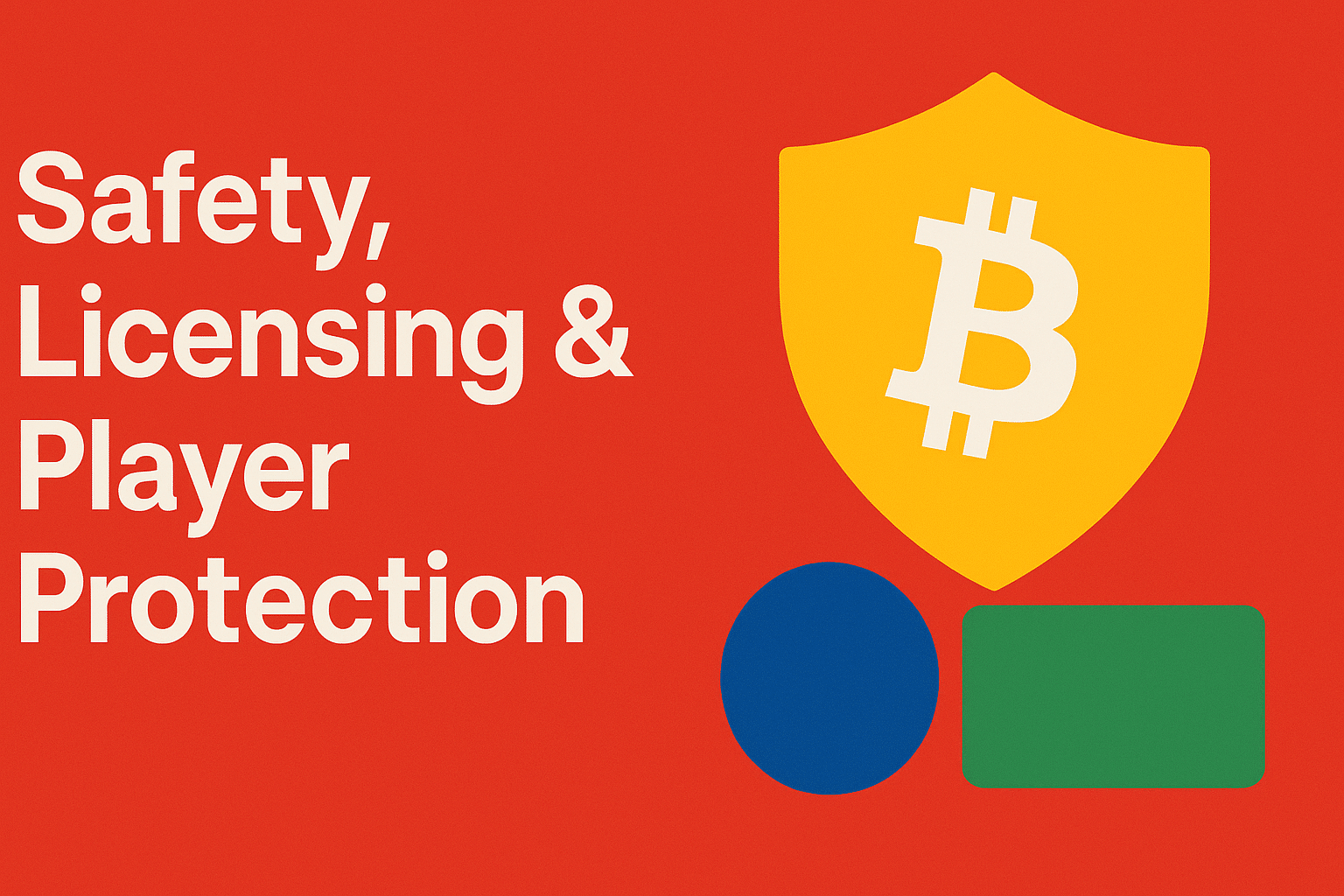 safety, licensing & player protection text on red background next to shield and bitcoin image